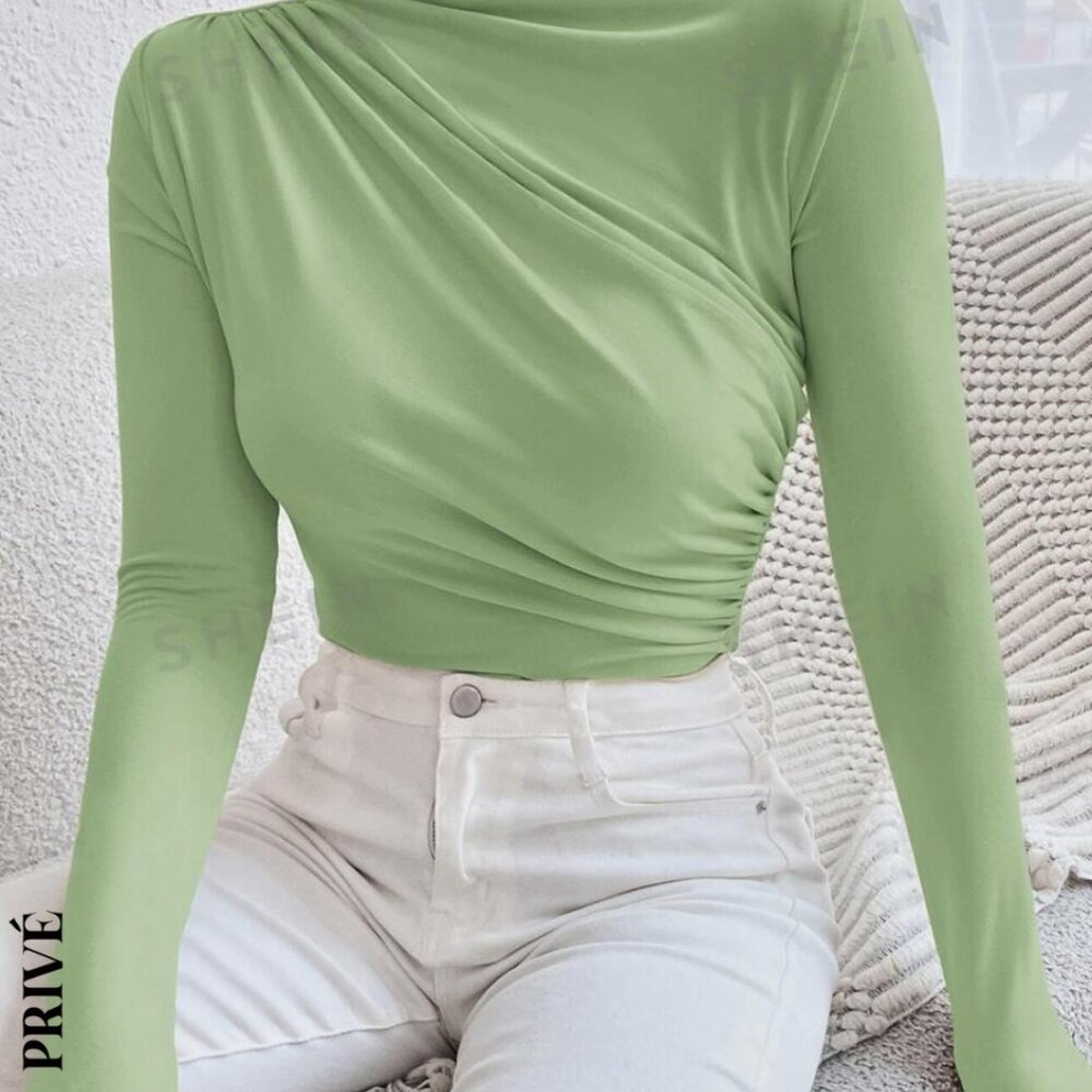 SHEIN Light Green Ruched Long Sleeve Crop Top